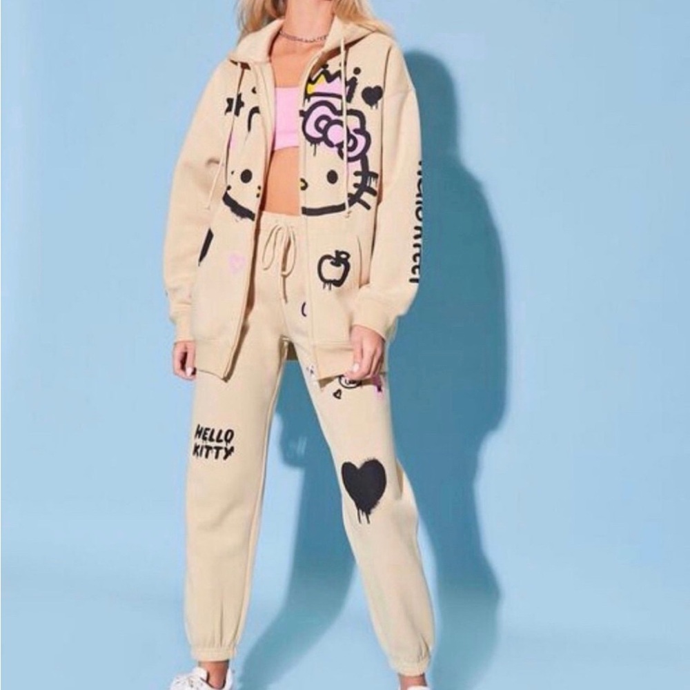 Hello Kitty Taupe Graphic Zip Hoodie & Joggers Set